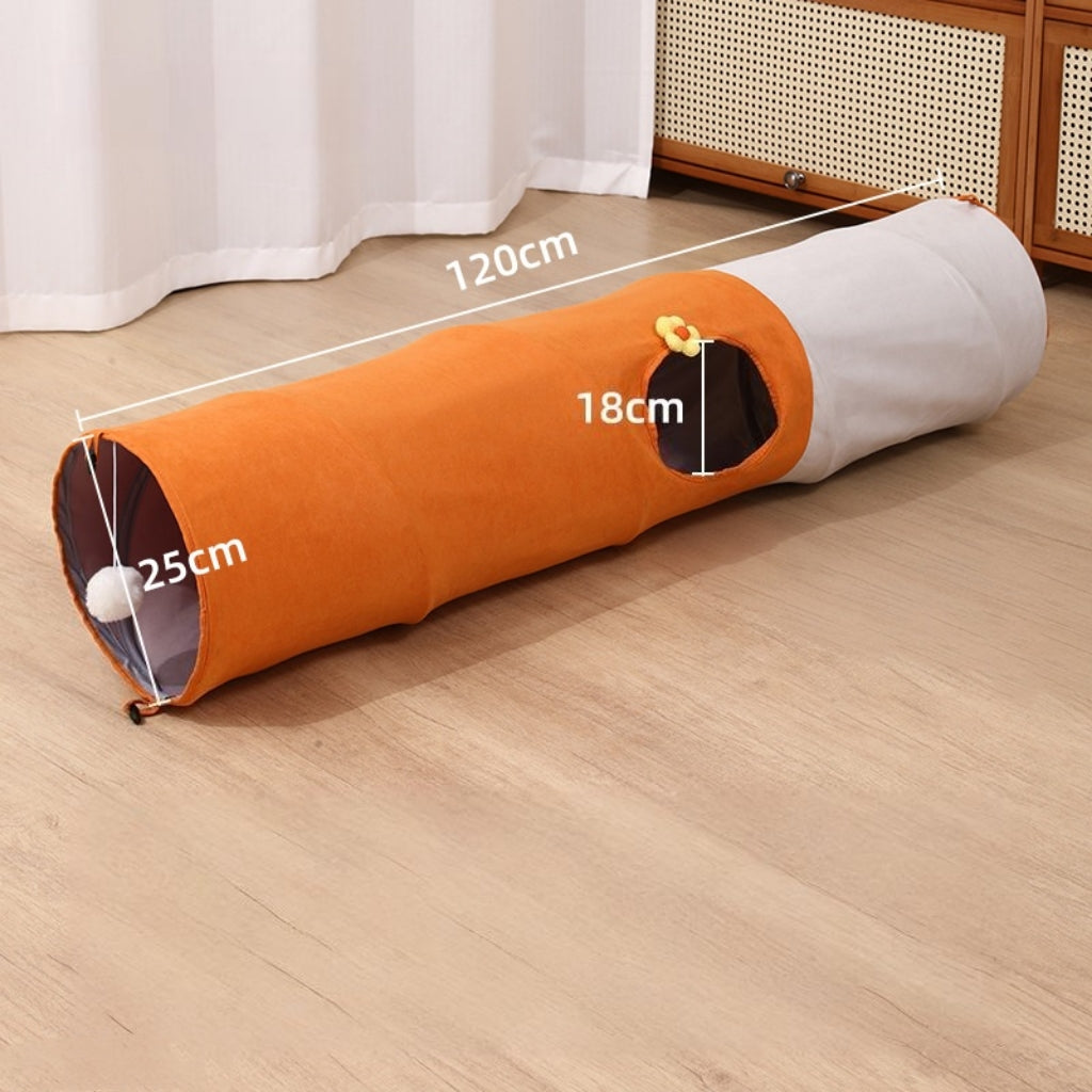 Plush foldable cat tunnel toy for chasing and hiding